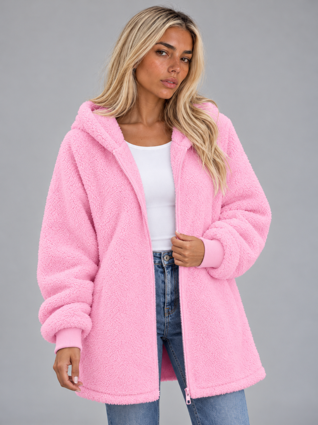 Women’s Longline Plush Teddy Hoodie Jacket