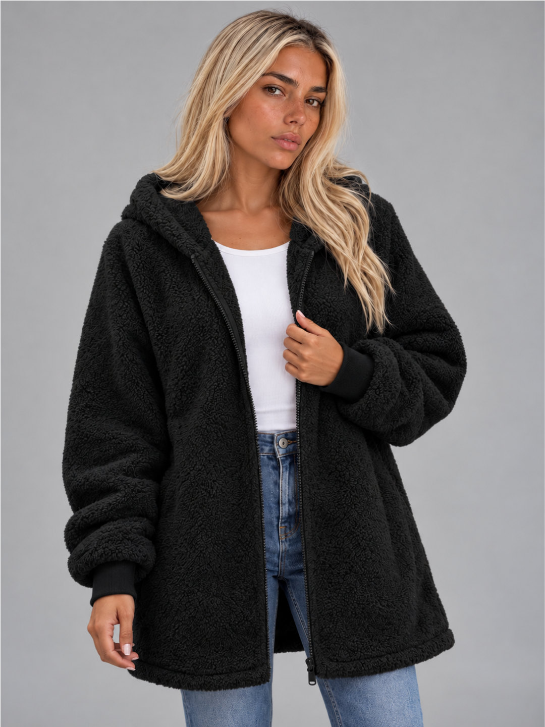 Women’s Longline Plush Teddy Hoodie Jacket