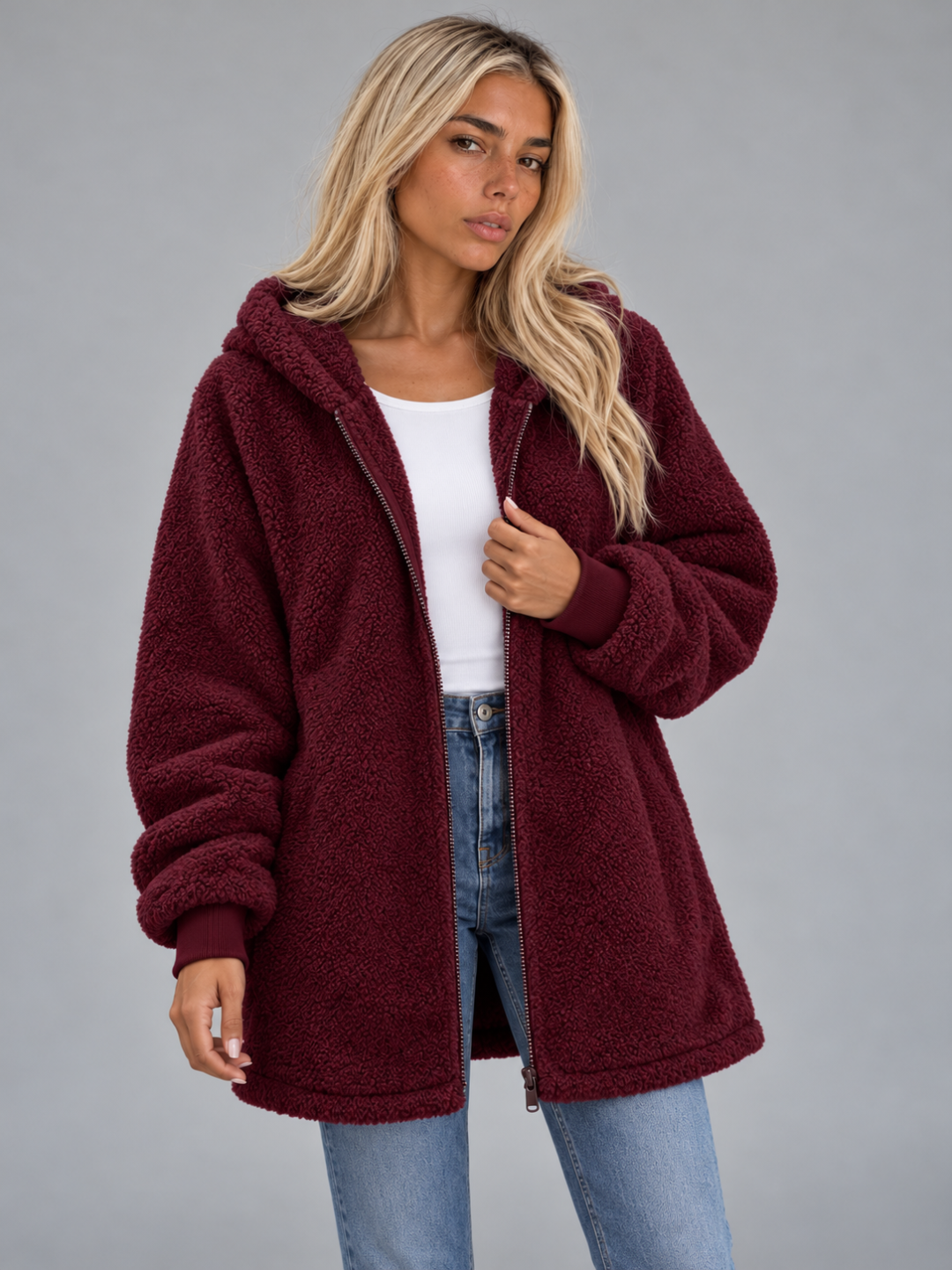 Women’s Longline Plush Teddy Hoodie Jacket