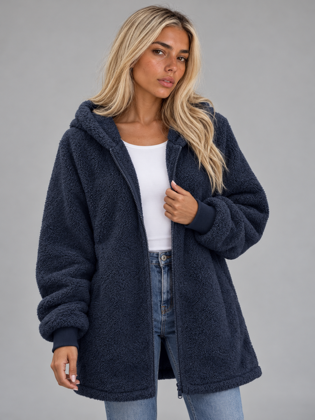 Women’s Longline Plush Teddy Hoodie Jacket