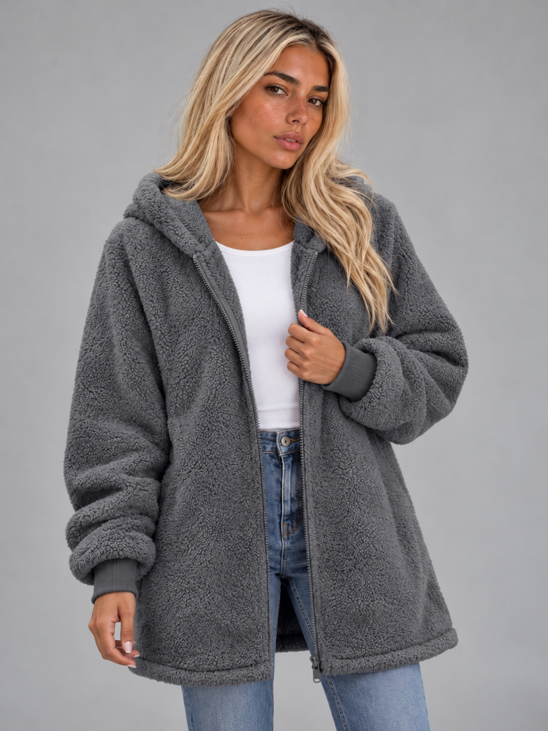 Women’s Longline Plush Teddy Hoodie Jacket