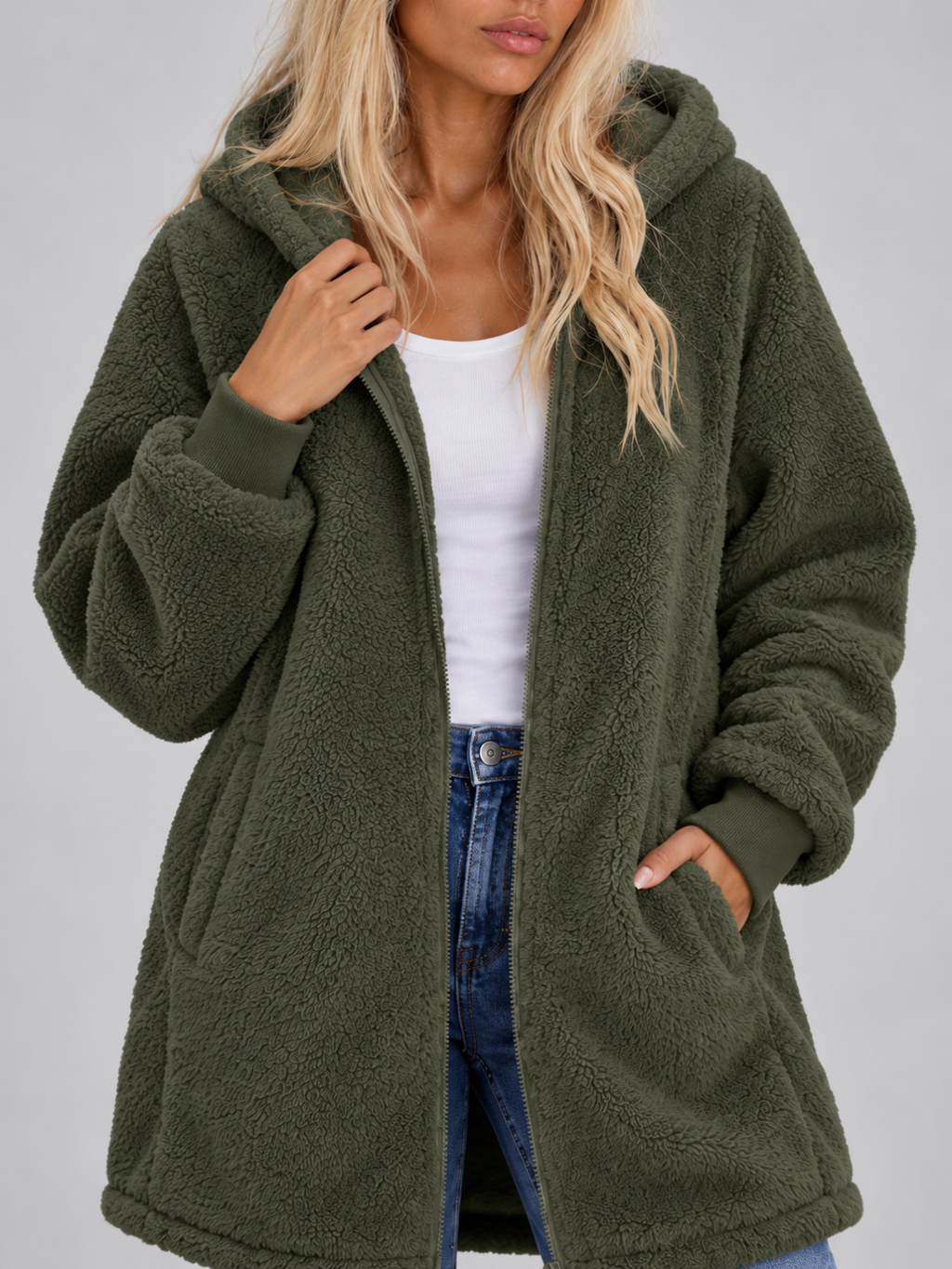 Women’s Longline Plush Teddy Hoodie Jacket