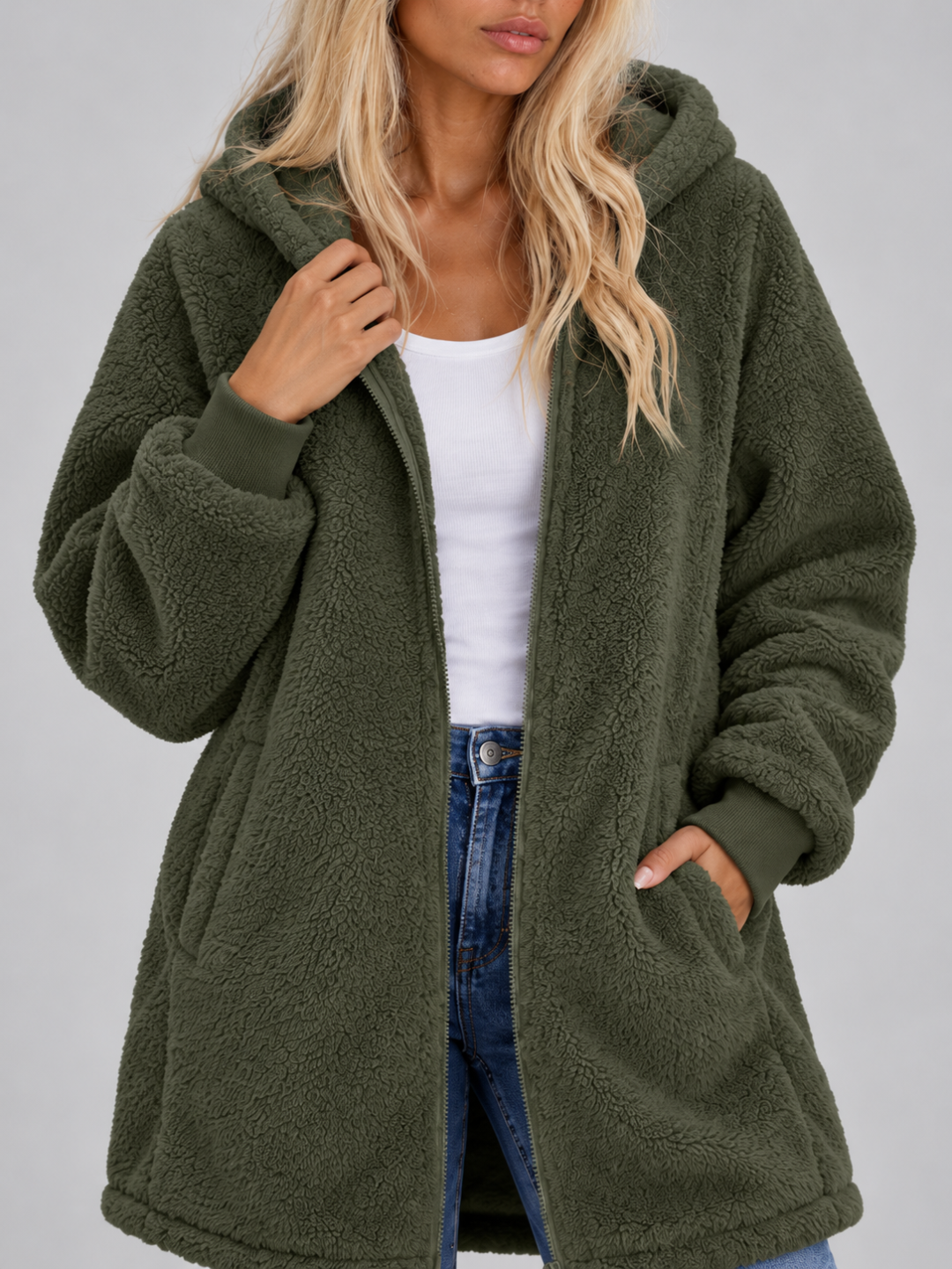 Women’s Longline Plush Teddy Hoodie Jacket