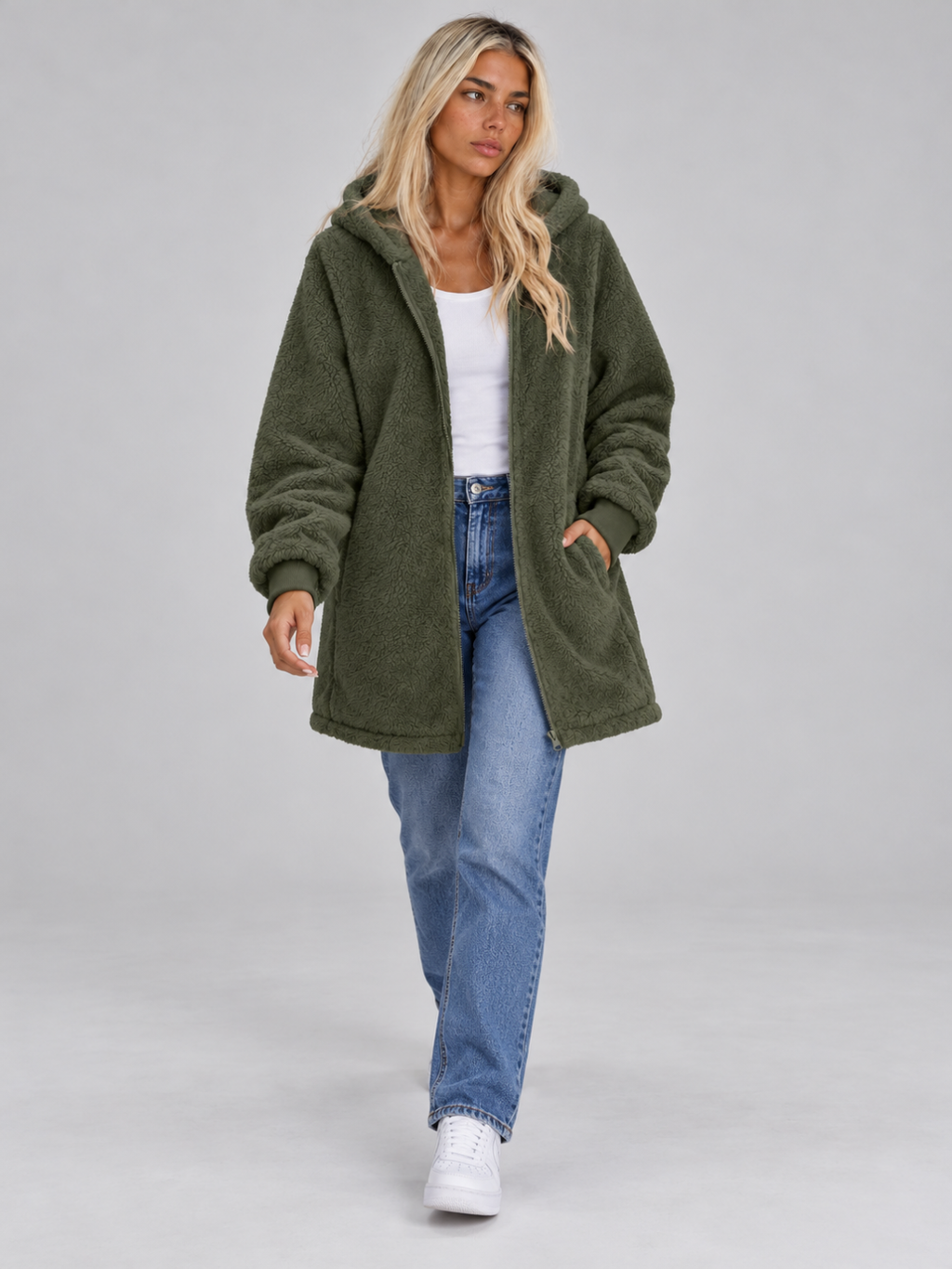 Women’s Longline Plush Teddy Hoodie Jacket