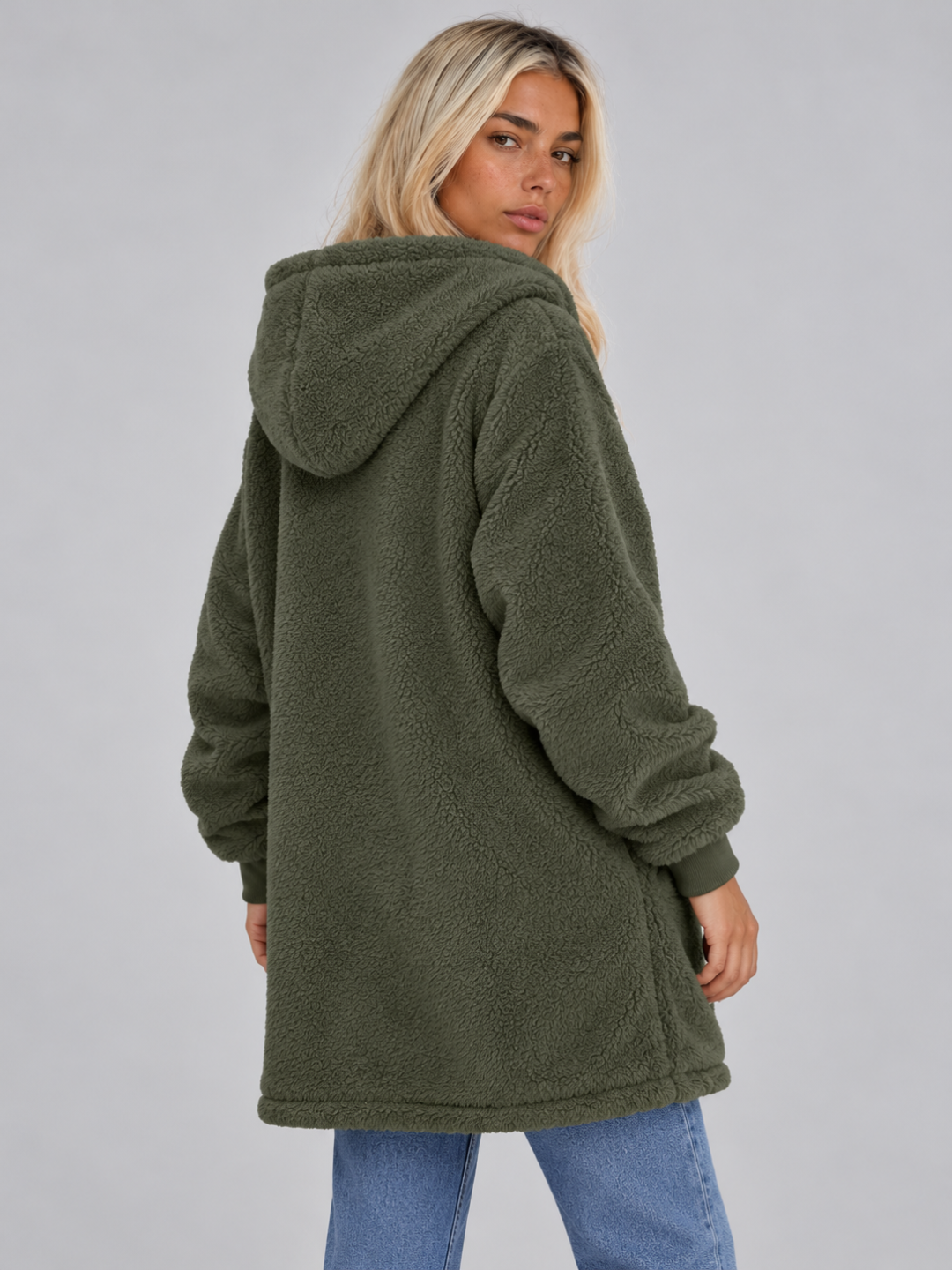 Women’s Longline Plush Teddy Hoodie Jacket