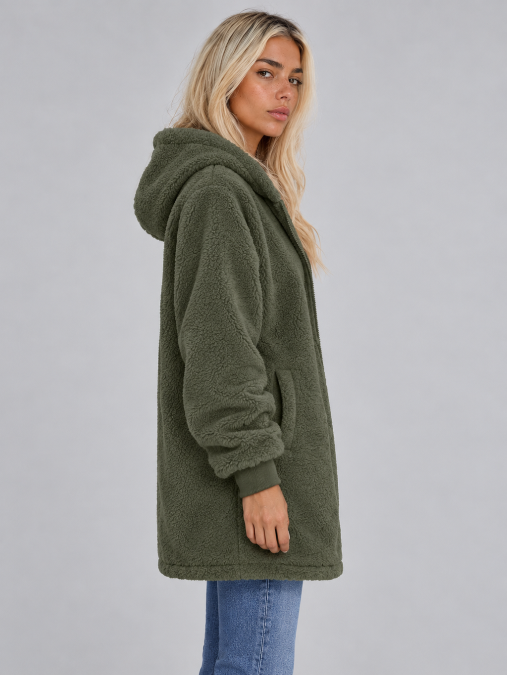 Women’s Longline Plush Teddy Hoodie Jacket