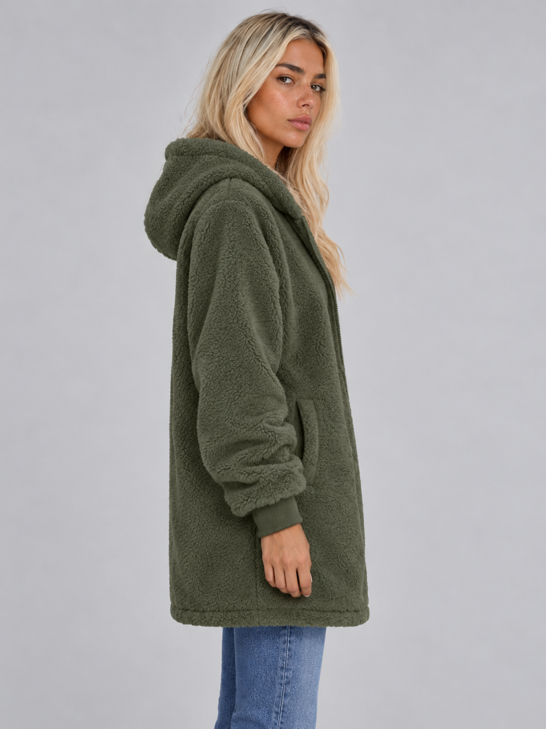 Women’s Longline Plush Teddy Hoodie Jacket