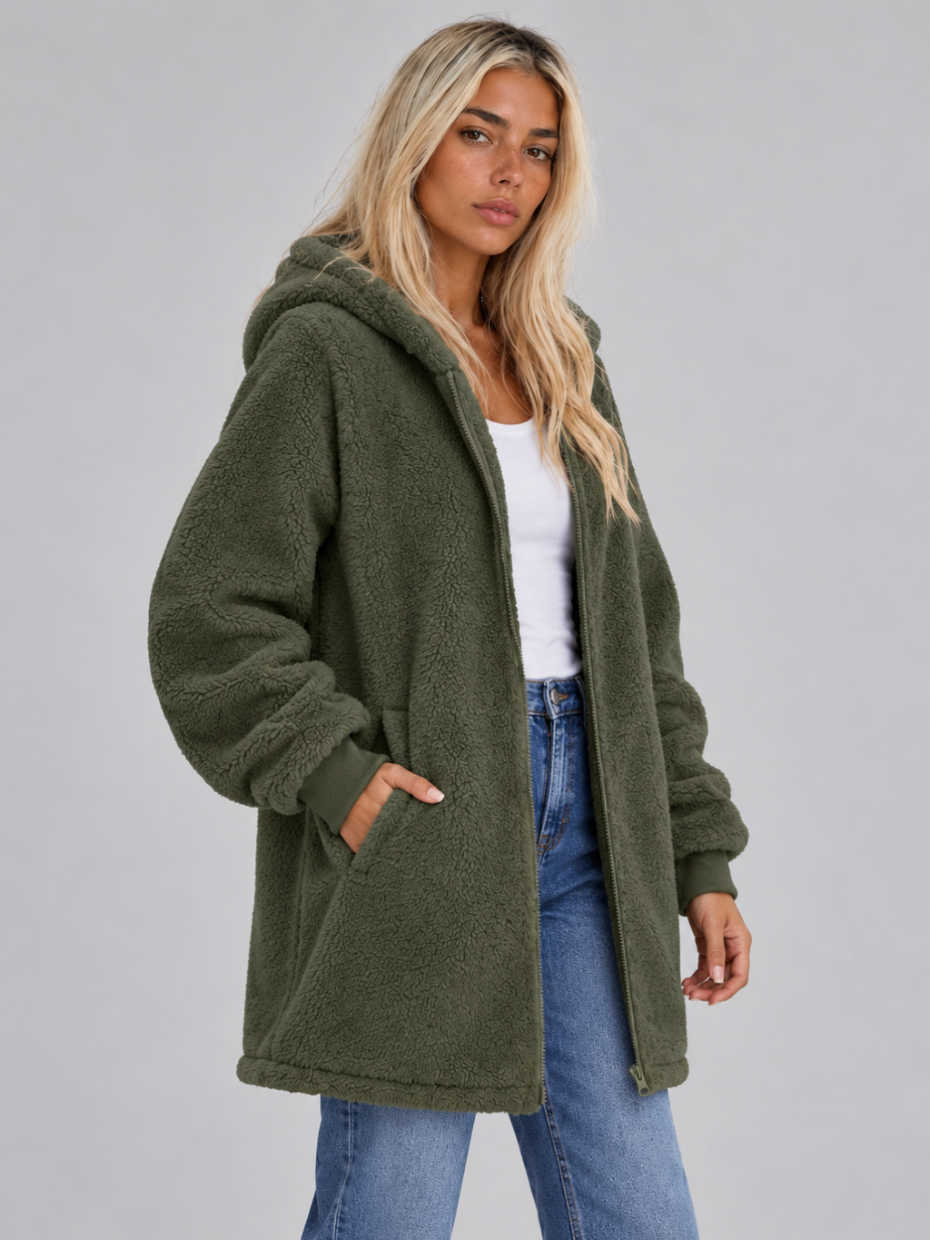 Women’s Longline Plush Teddy Hoodie Jacket