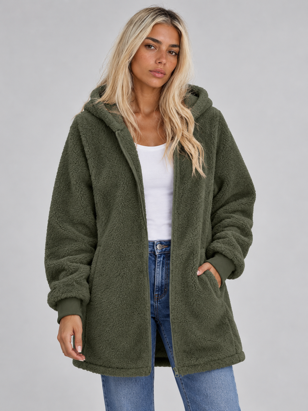 Women’s Longline Plush Teddy Hoodie Jacket