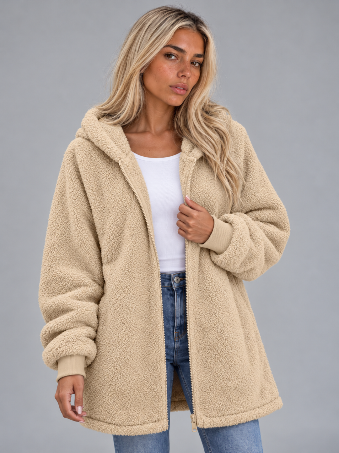 Women’s Longline Plush Teddy Hoodie Jacket