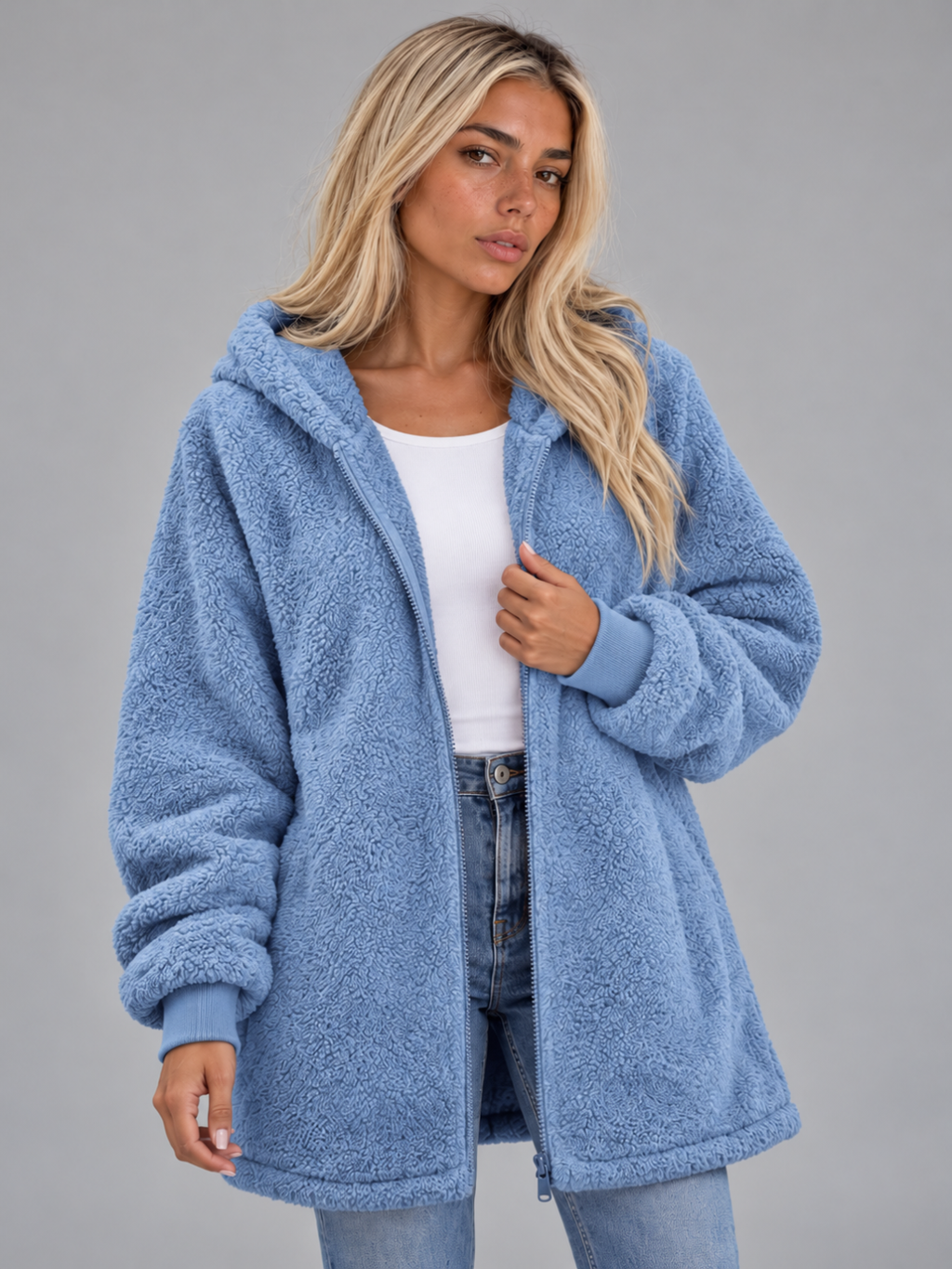 Women’s Longline Plush Teddy Hoodie Jacket