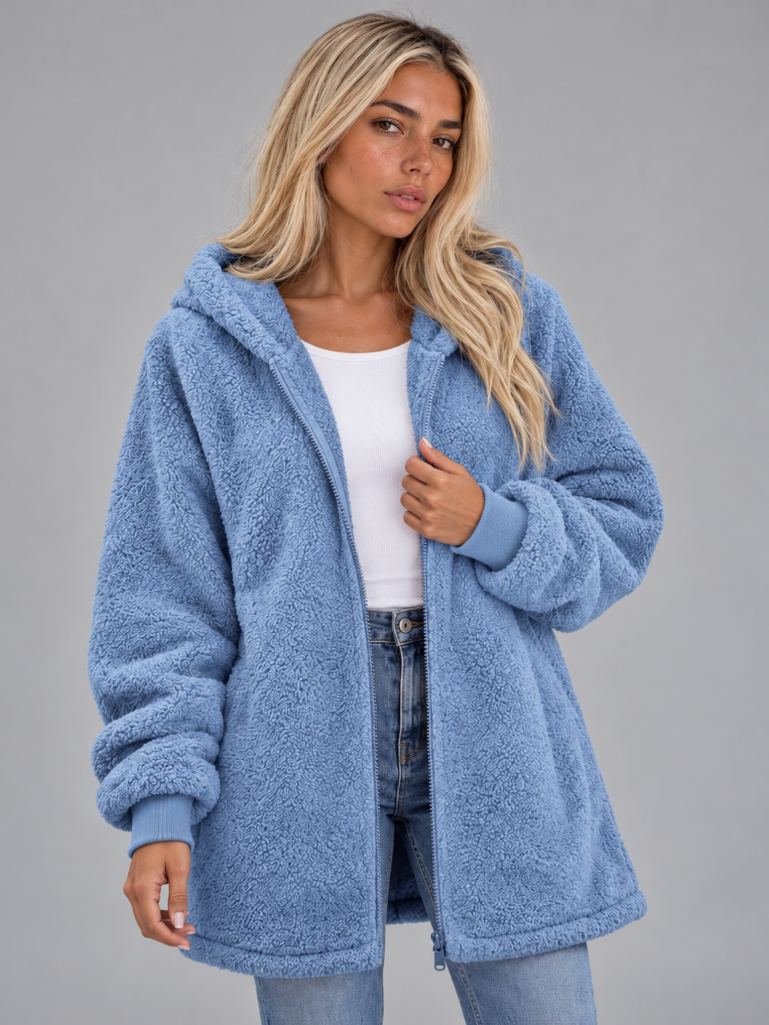 Women’s Longline Plush Teddy Hoodie Jacket
