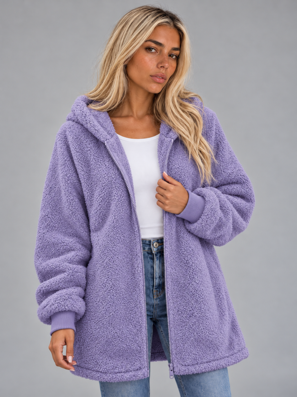 Women’s Longline Plush Teddy Hoodie Jacket