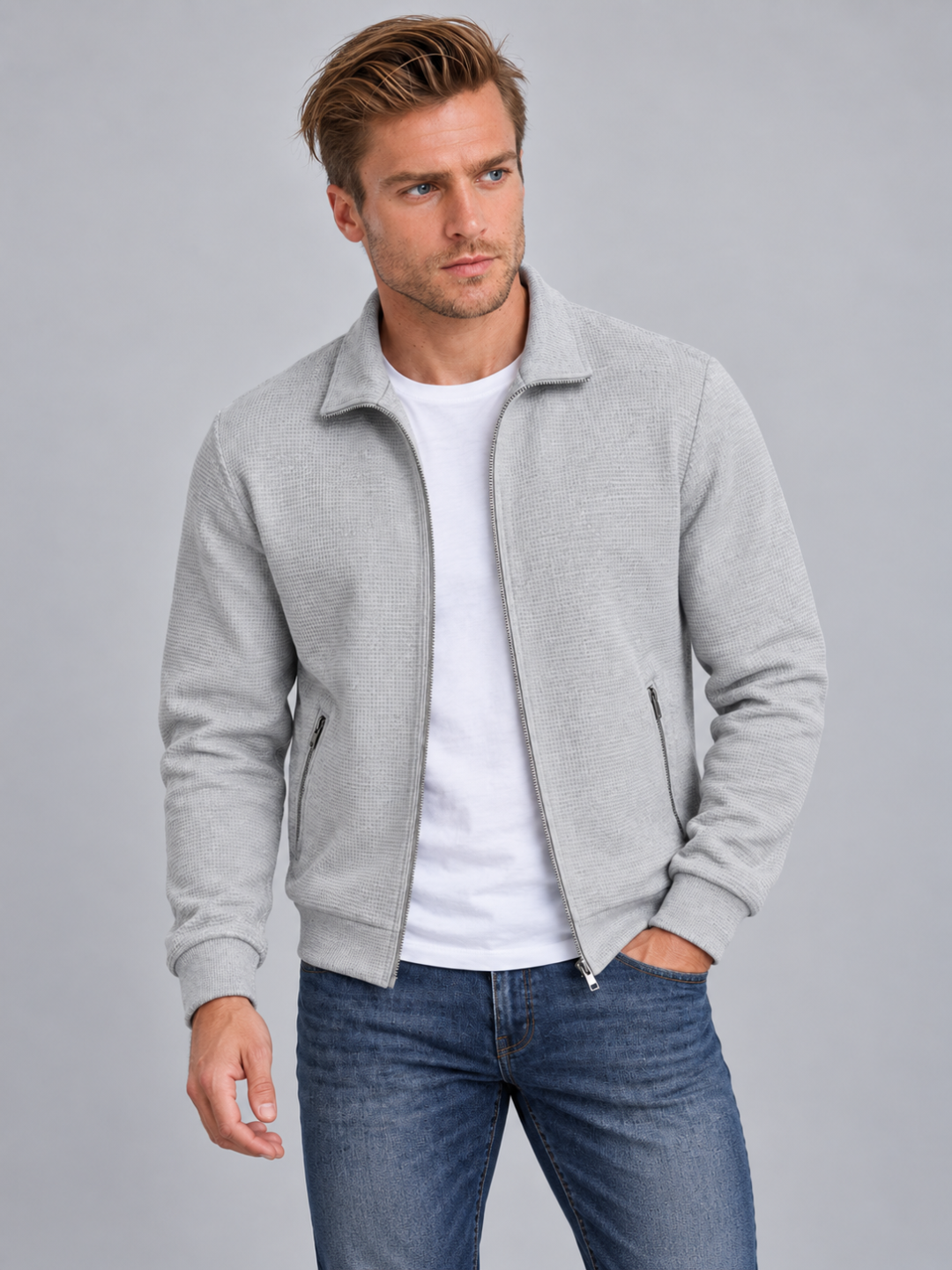 Men's Waffle Texture Zip-Up Shirt Jacket