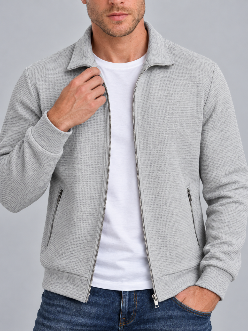 Men's Waffle Texture Zip-Up Shirt Jacket