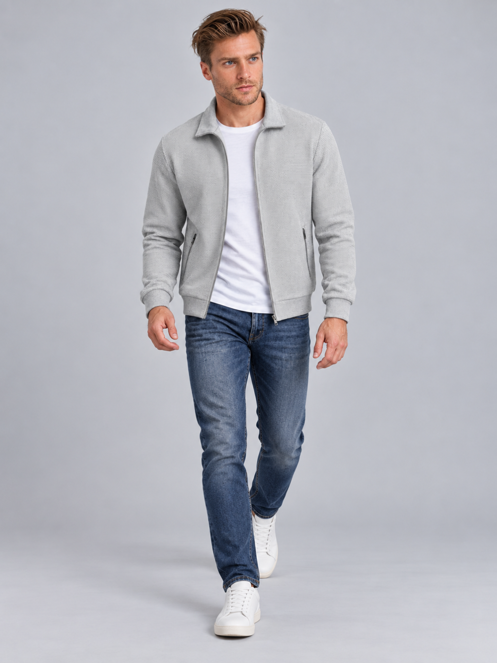 Men's Waffle Texture Zip-Up Shirt Jacket