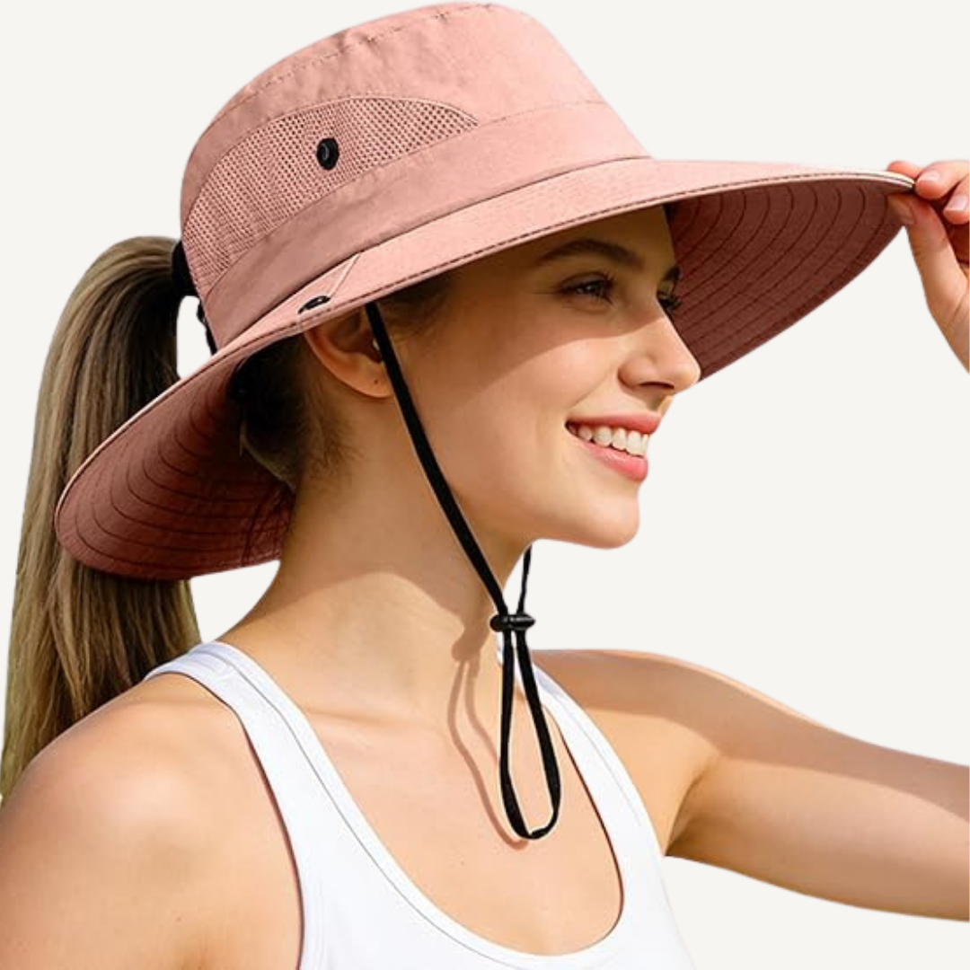 Women's Wide Brim Sun Hat — UPF50+, Ponytail Hole, Adjustable