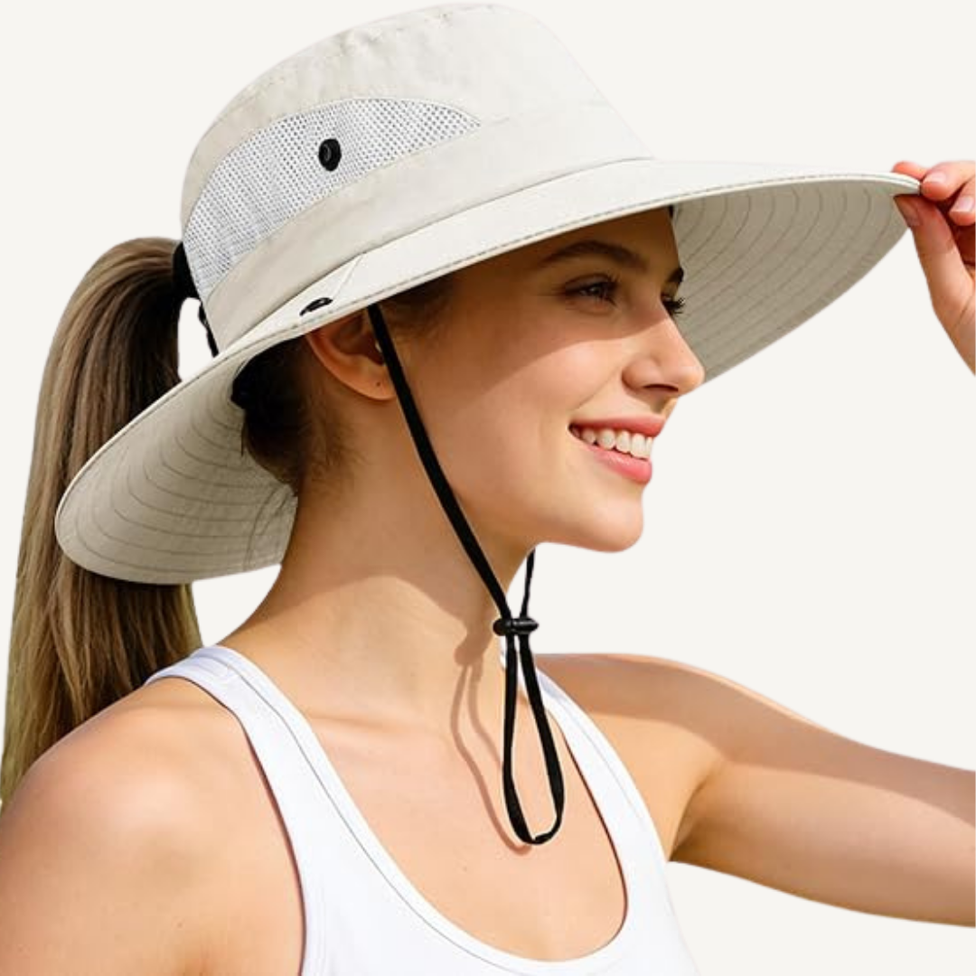 Women's Wide Brim Sun Hat — UPF50+, Ponytail Hole, Adjustable