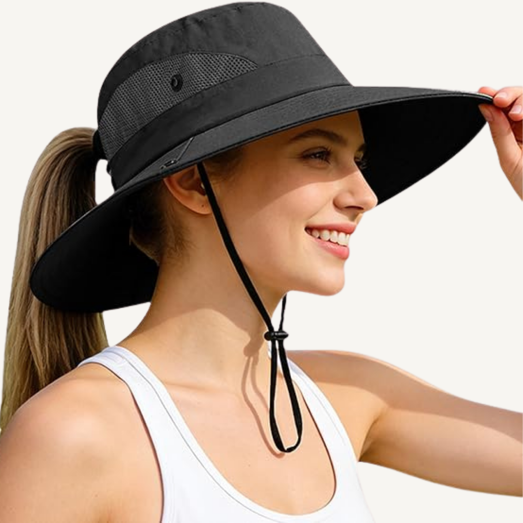 Women's Wide Brim Sun Hat — UPF50+, Ponytail Hole, Adjustable