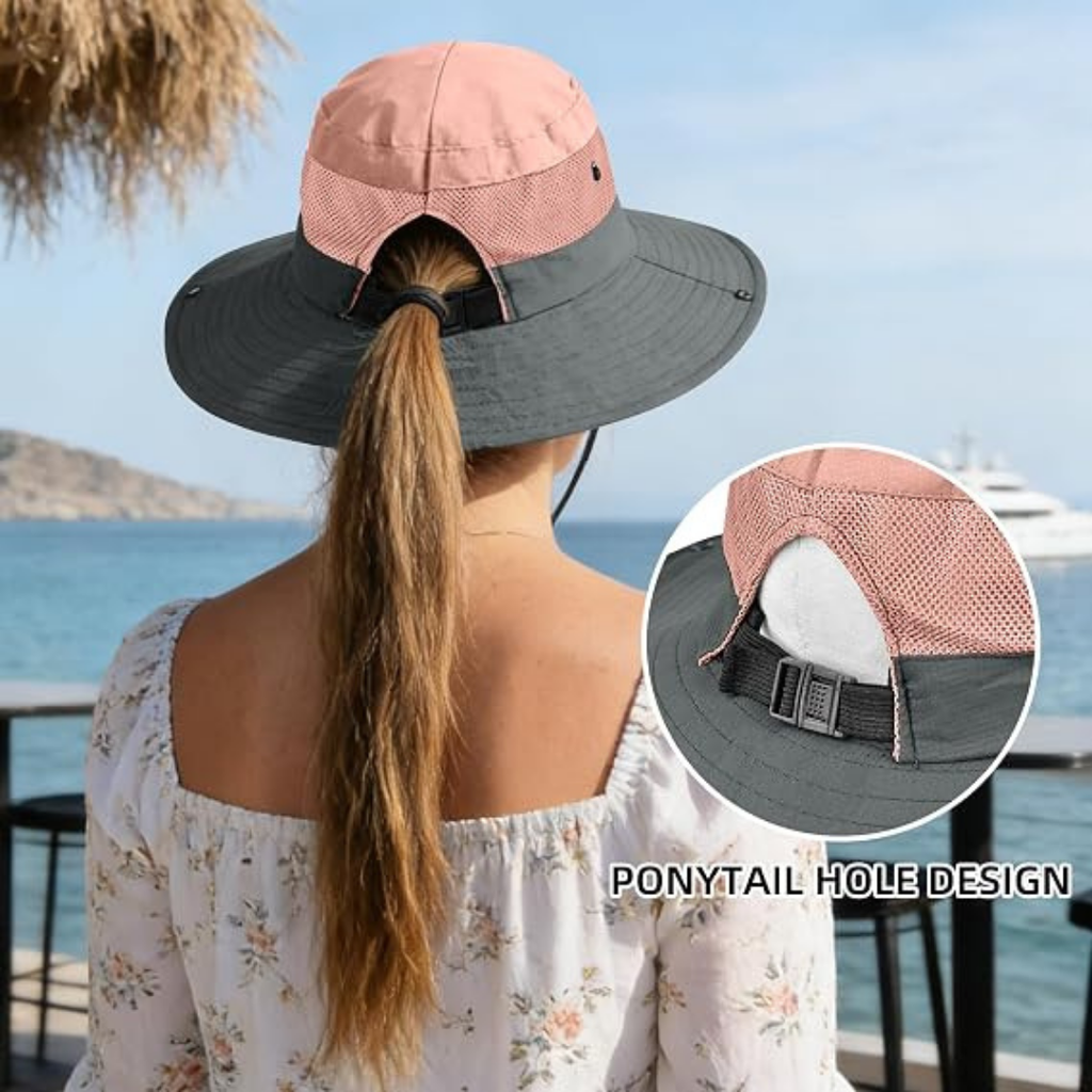 Women's Wide Brim Sun Hat — UPF50+, Ponytail Hole, Adjustable