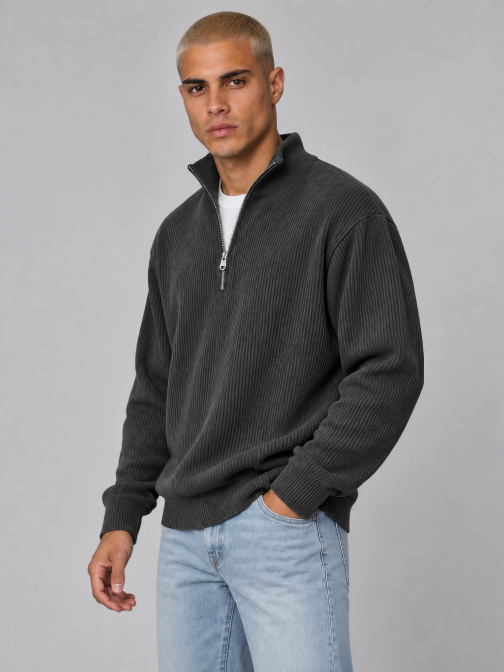 Men's Corduroy Zip Polo Collar Sweatshirt