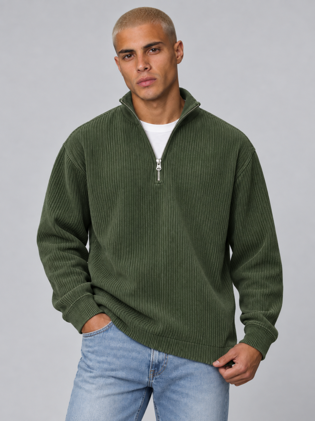 Men's Corduroy Zip Polo Collar Sweatshirt
