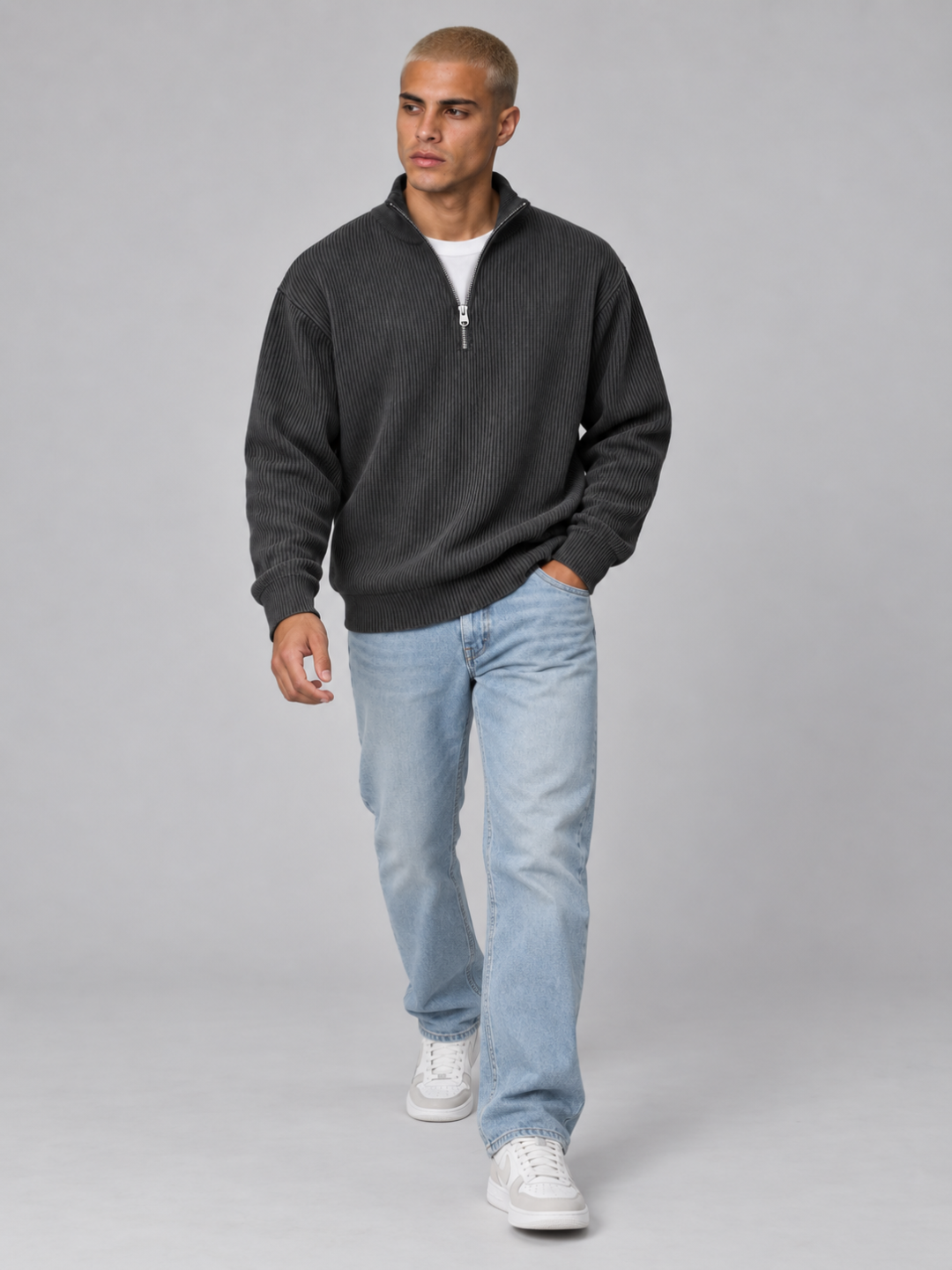 Men's Corduroy Zip Polo Collar Sweatshirt