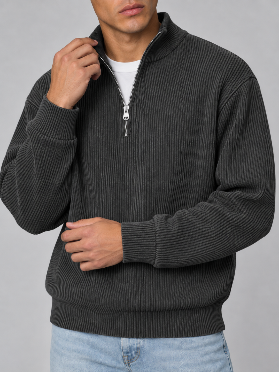 Men's Corduroy Zip Polo Collar Sweatshirt
