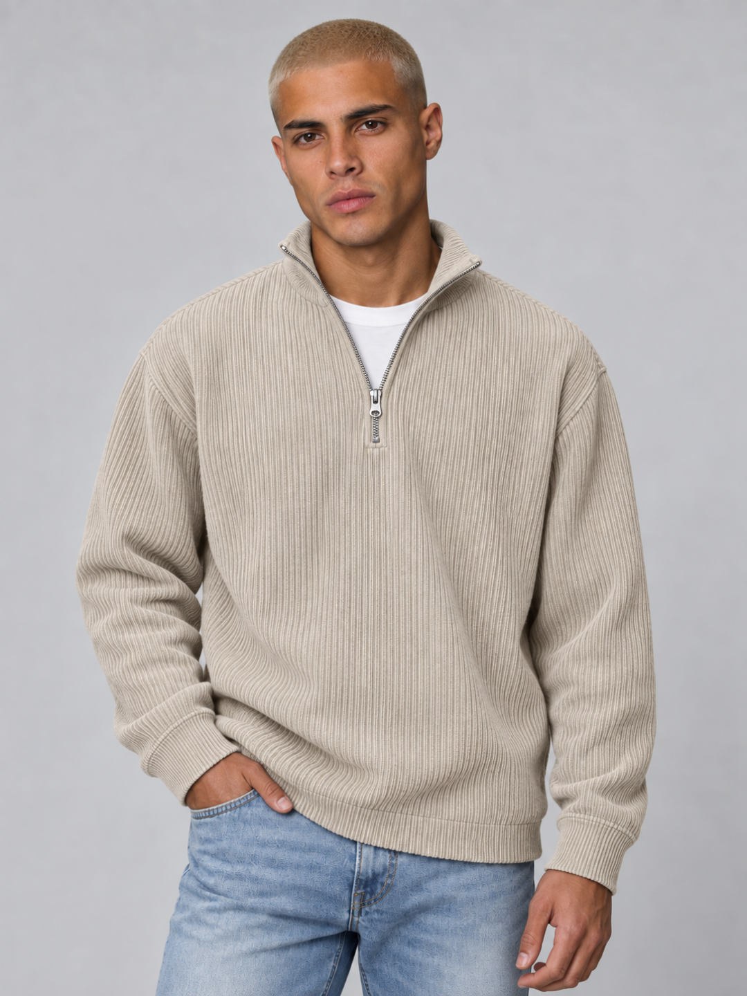 Men's Corduroy Zip Polo Collar Sweatshirt