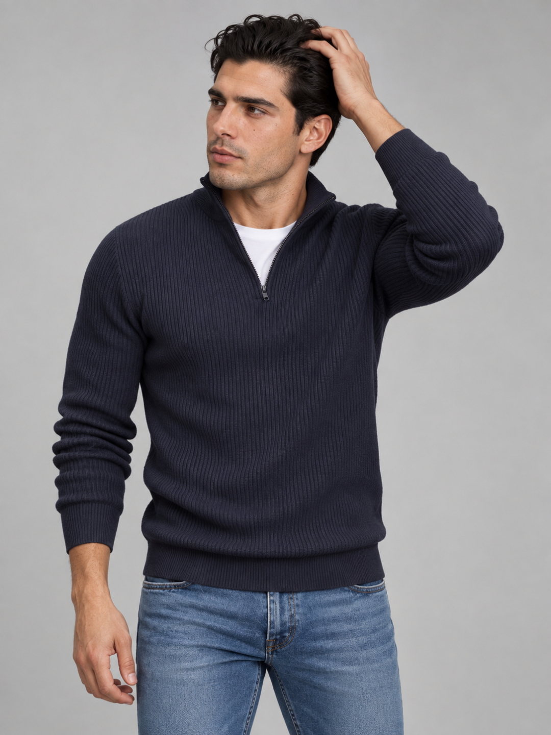 Men's Zip Polo Neck Knitted Jumper