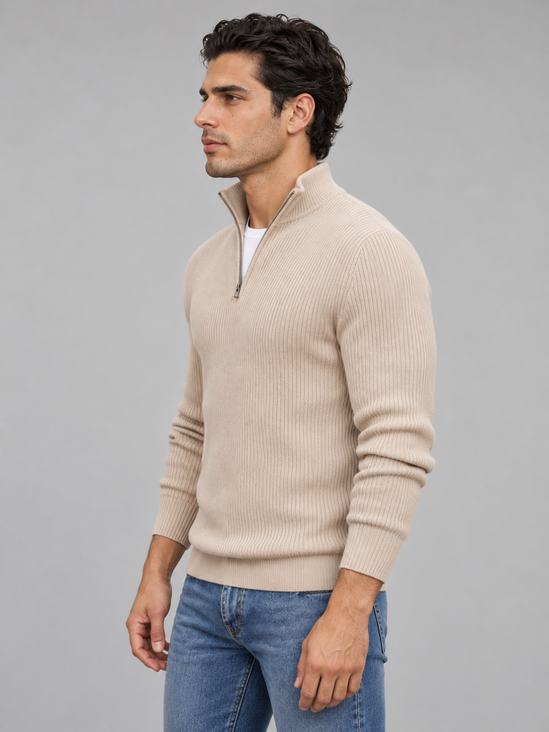 Men's Zip Polo Neck Knitted Jumper