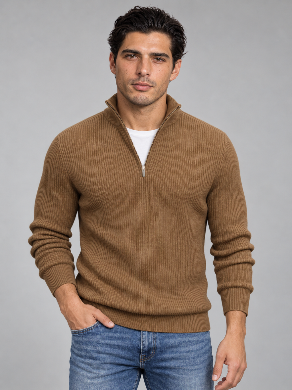 Men's Zip Polo Neck Knitted Jumper