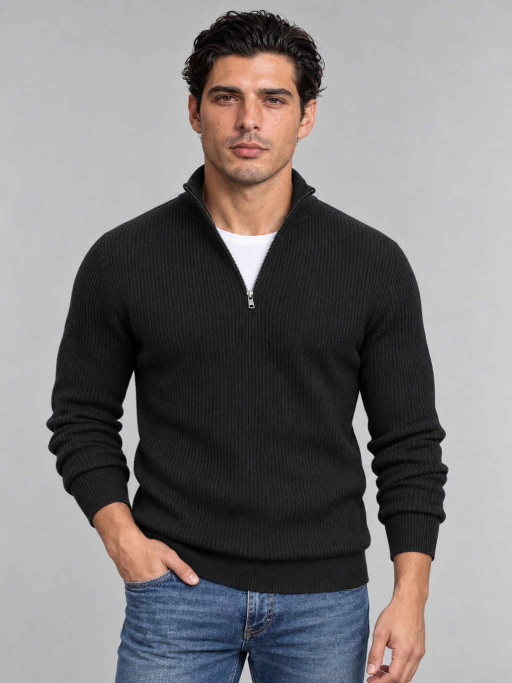 Men's Zip Polo Neck Knitted Jumper