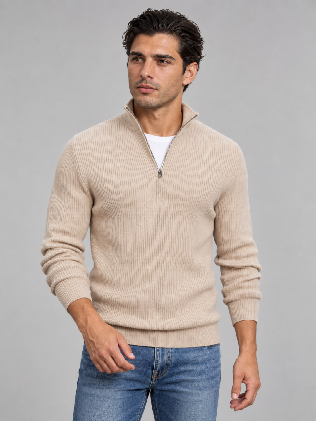 Men's Zip Polo Neck Knitted Jumper