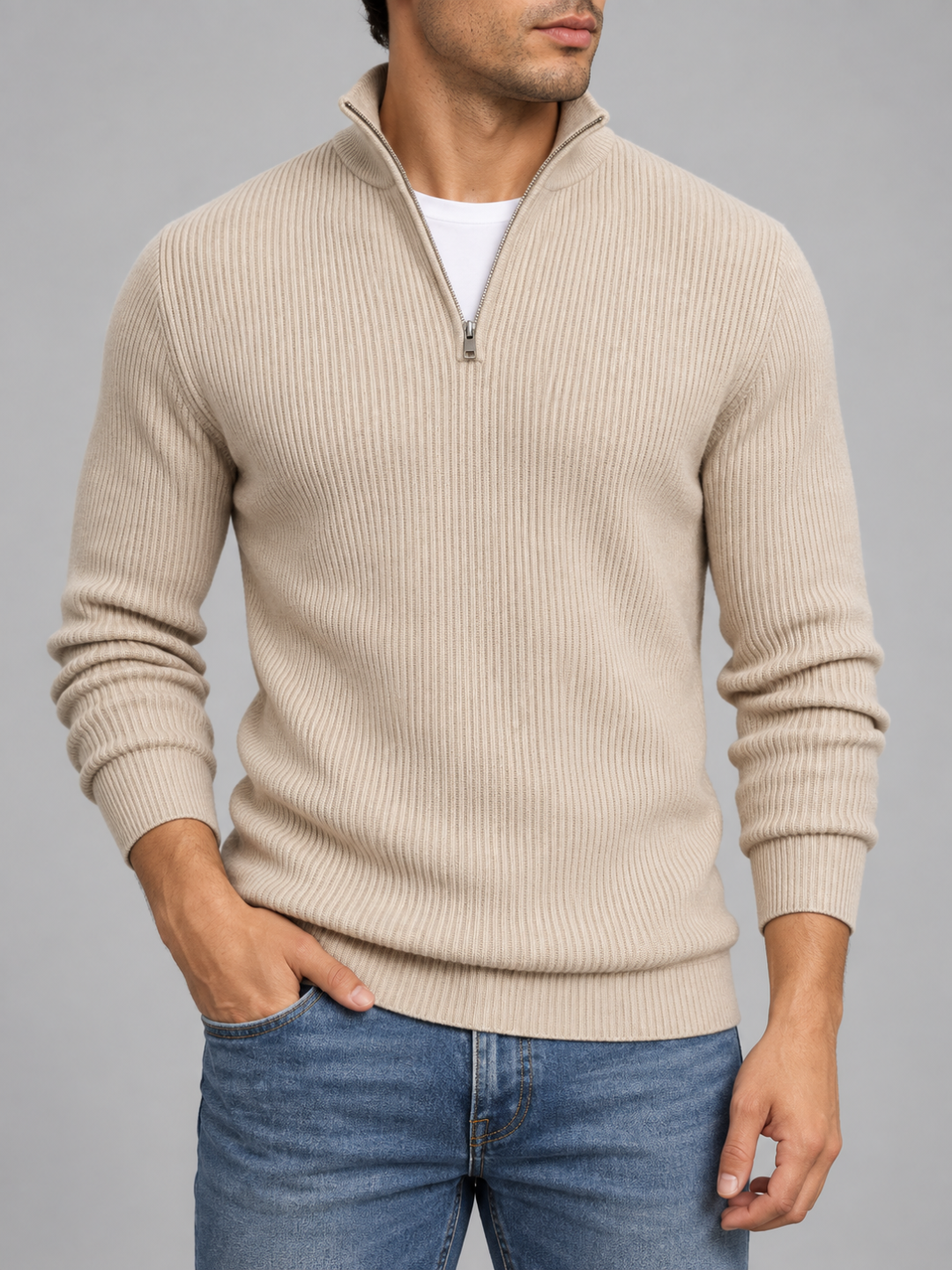 Men's Zip Polo Neck Knitted Jumper